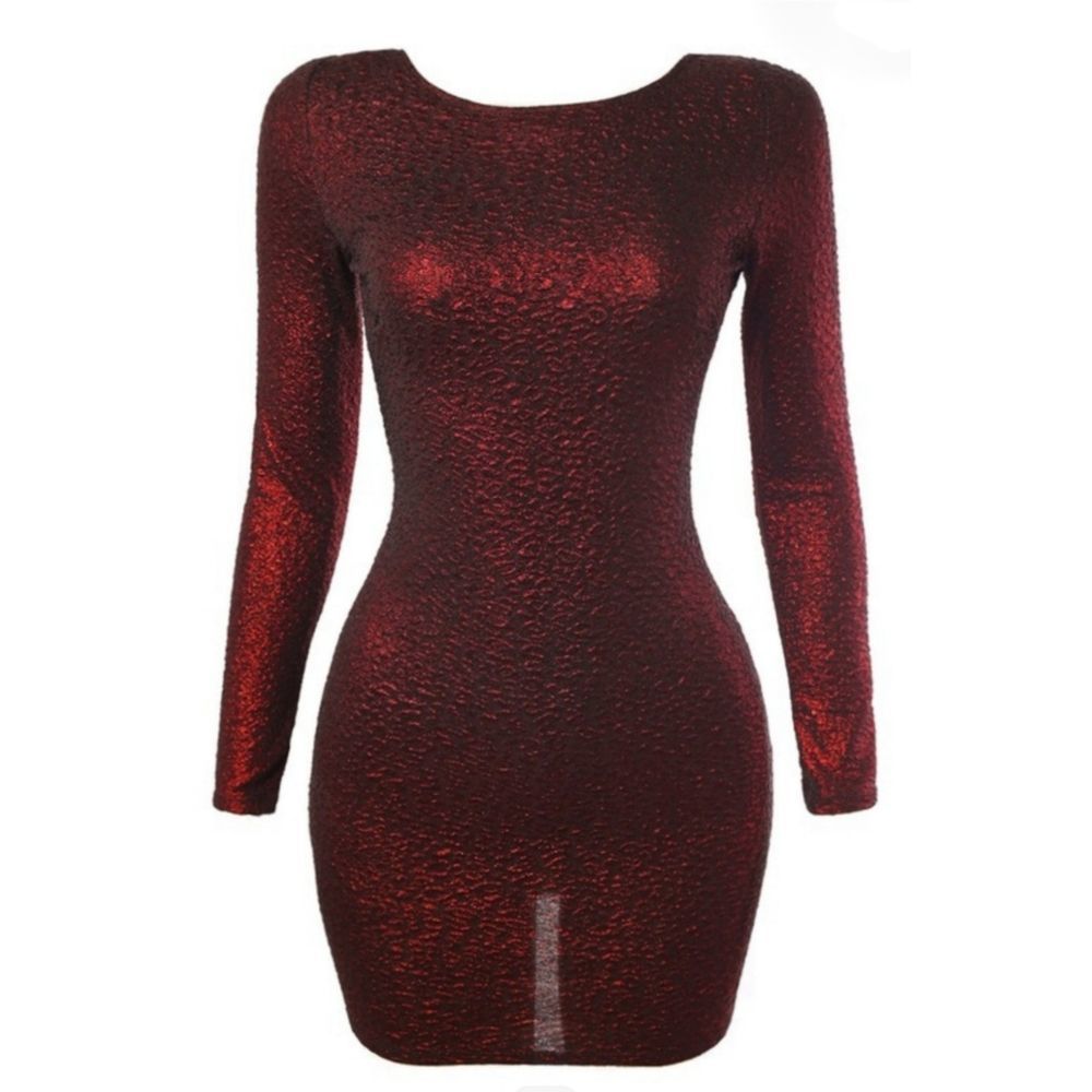 Women's Long Sleeved Red Glitter Open Back Mini Dress